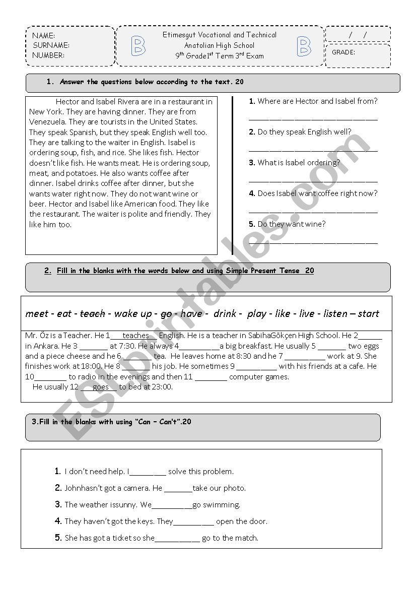 9th grades 1st term 3rd exam worksheet