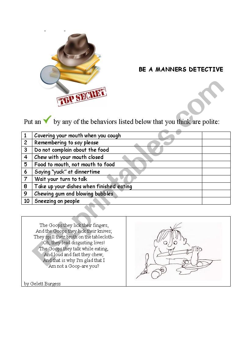 Detective of manners worksheet