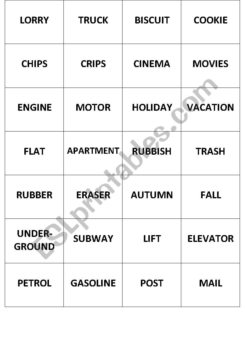 BRITHIS vs AMERICAN memory game