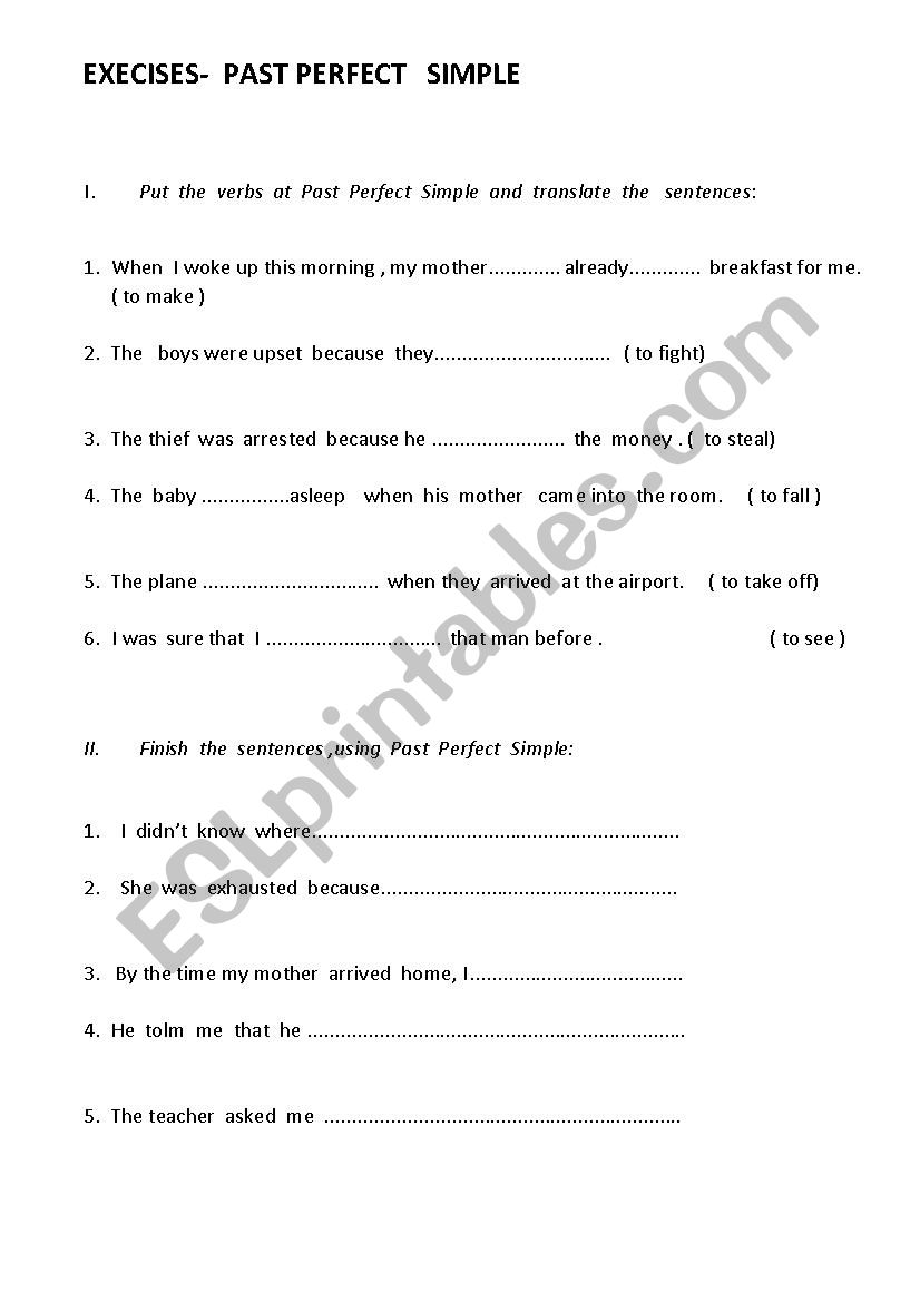 Past Perfect worksheet