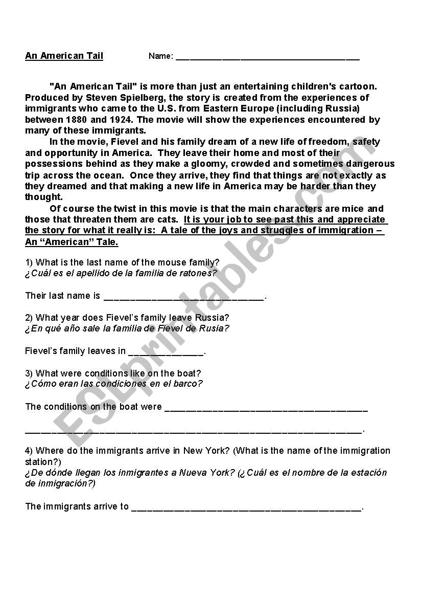 An American Tail Movie Worksheet