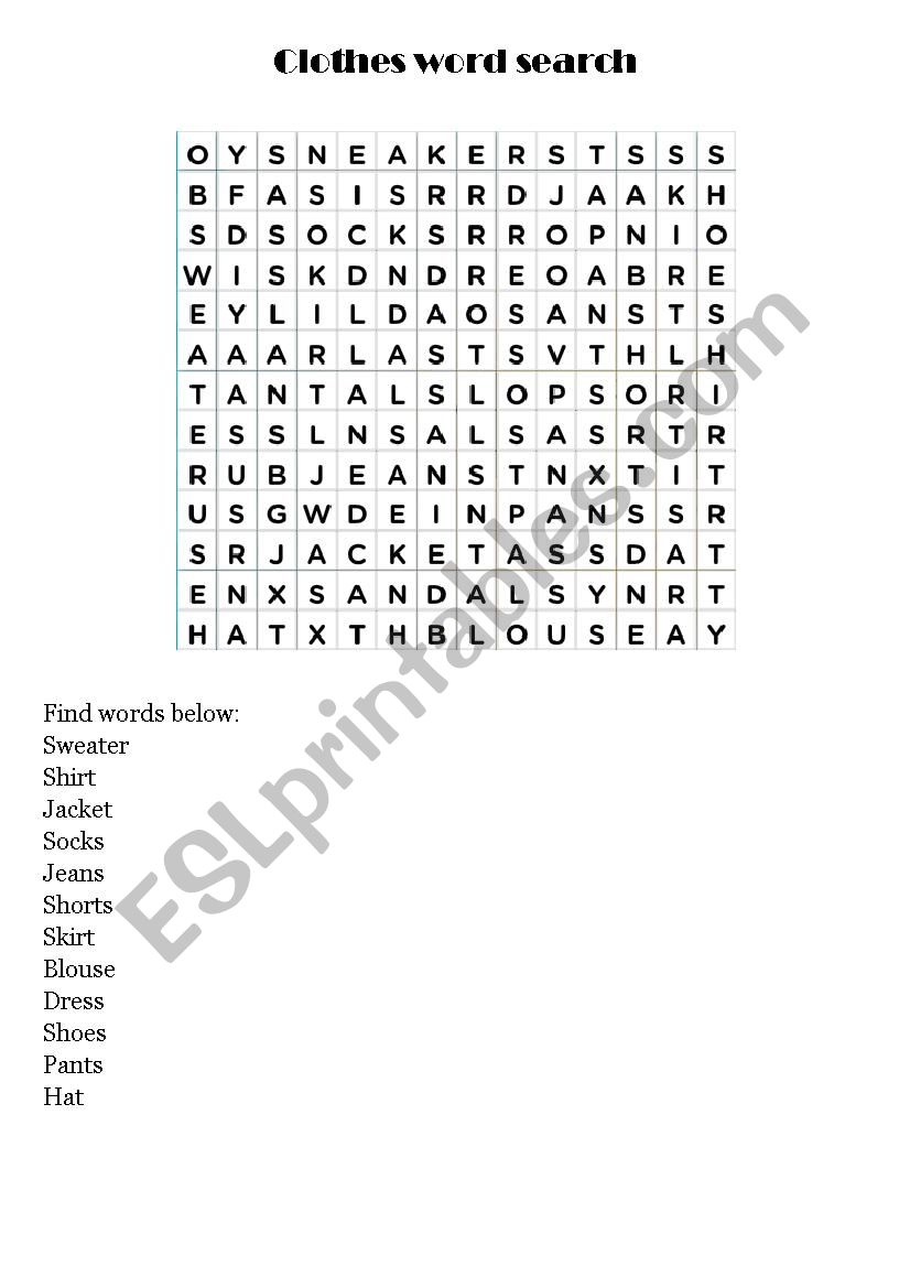 clothes word search worksheet