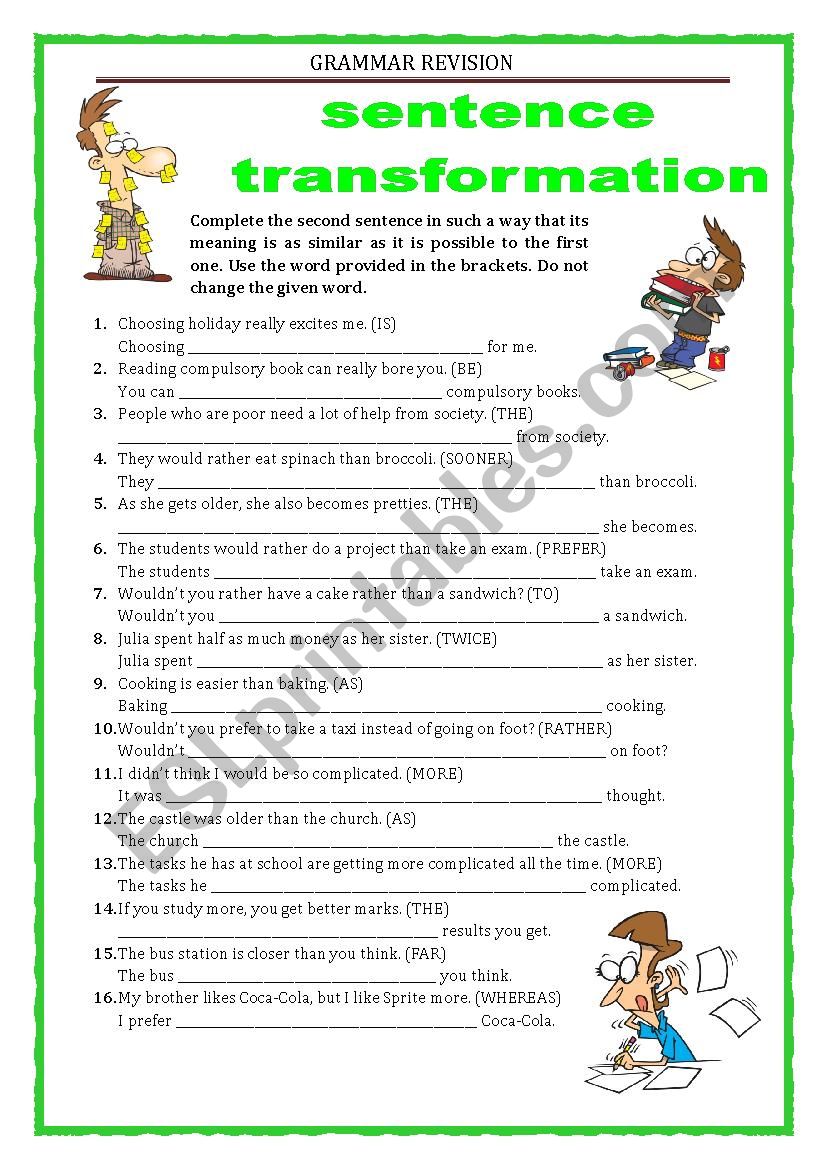 GRAMMAR REVISION - SENTENCE TRANSFORMATION - adjectives - part 4 with key