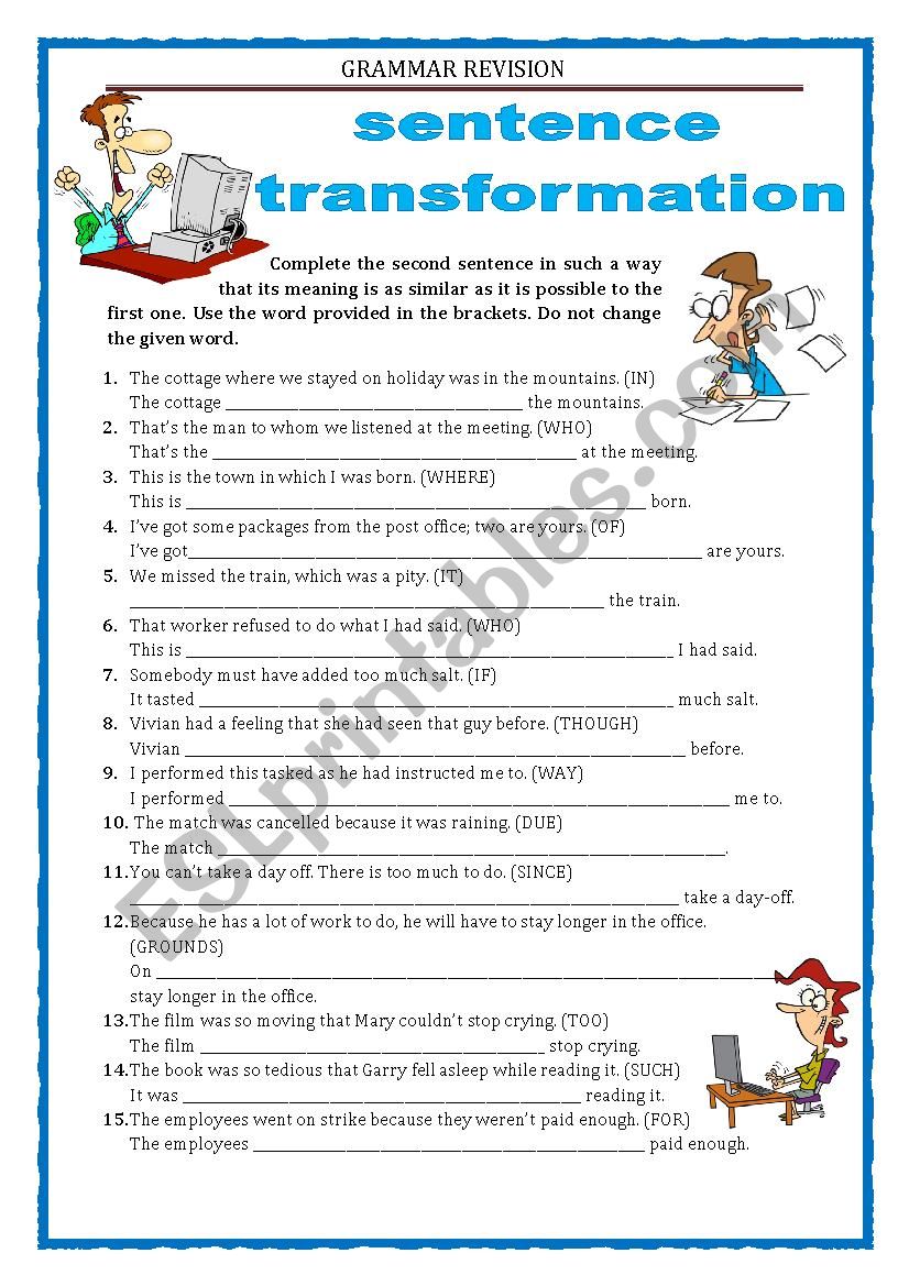 GRAMMAR REVISION - SENTENCE TRANSFORMATION part 5 - RELATIVE CLAUSES, LINKING WORDS  with key