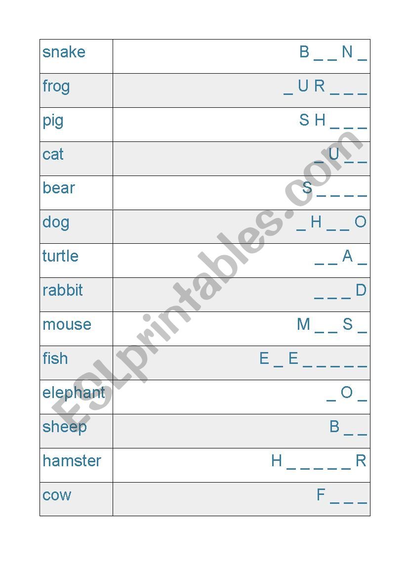 Animals vocabulary matching with gaps  mixed
