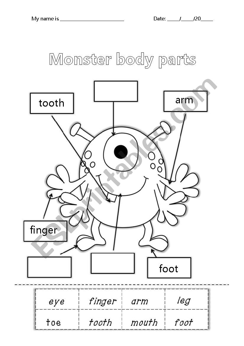Monster body parts label worksheet