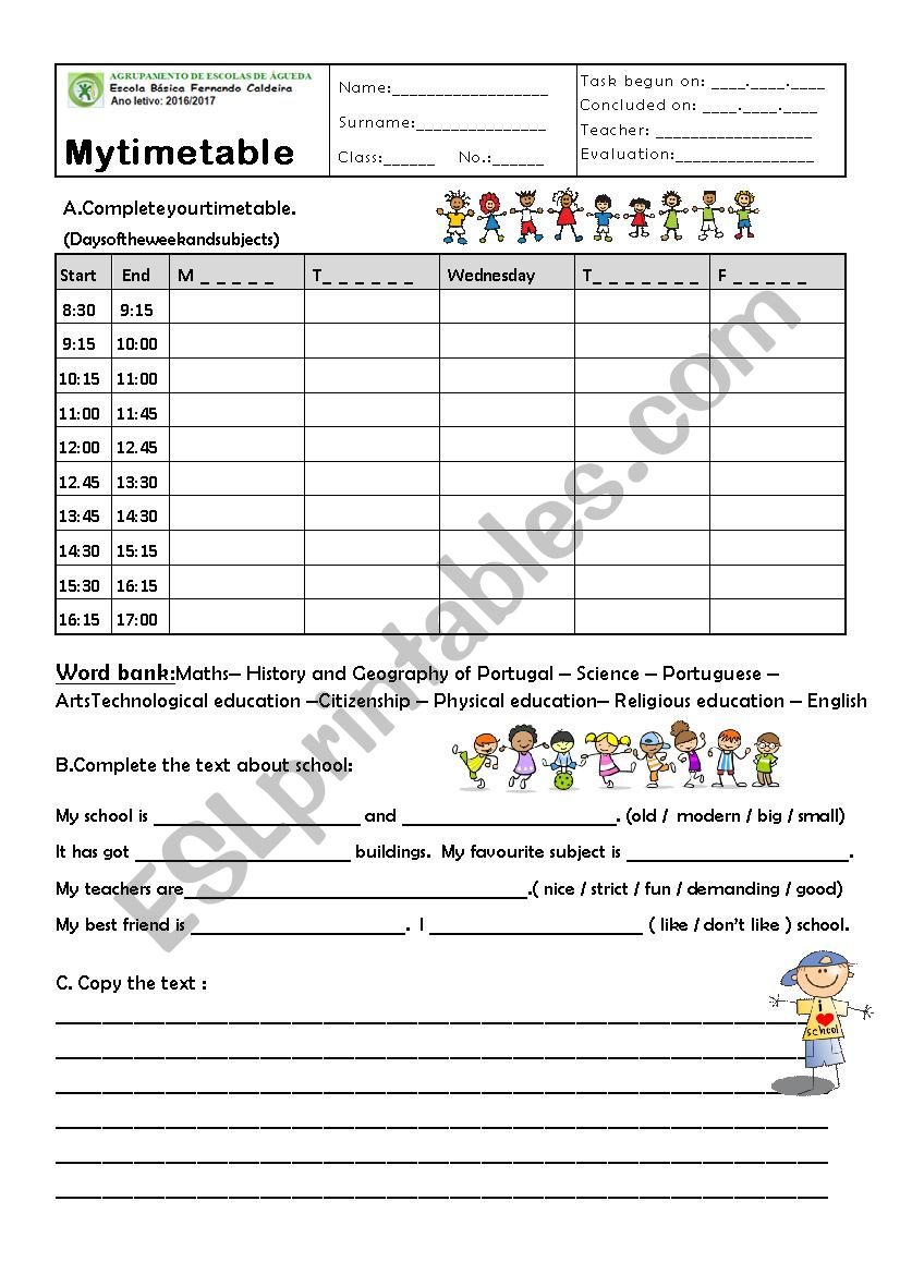 School timetable worksheet