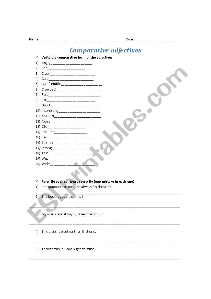 Comparative adjectives worksheet