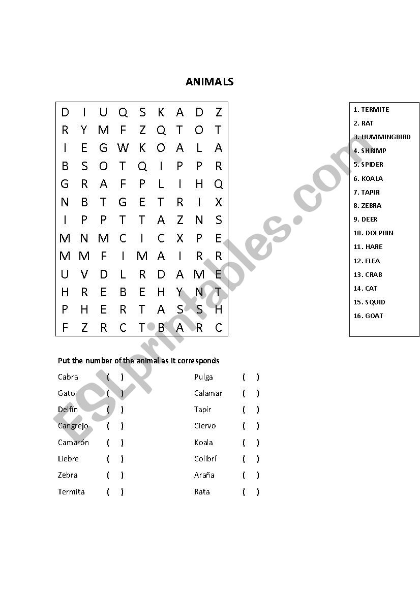 Animals Letter soup worksheet