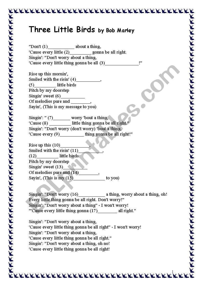 3 Little birds Bob Marley worksheet