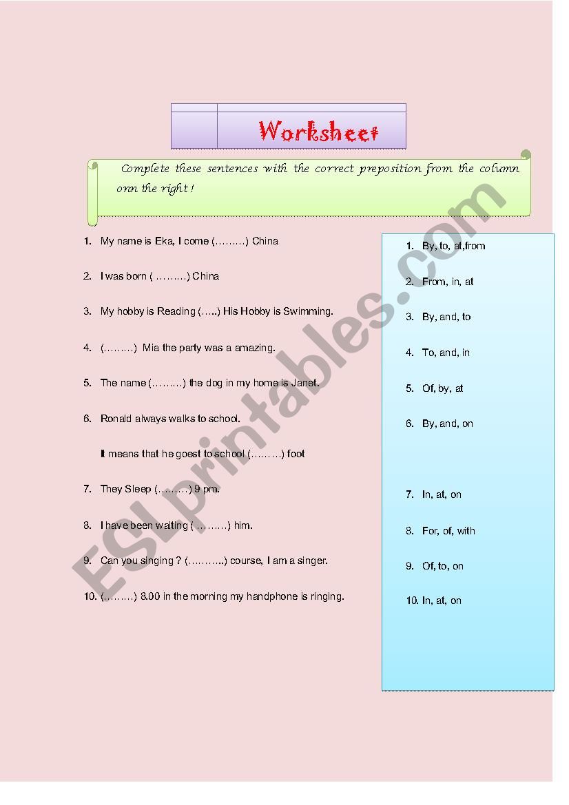 Worksheet about Preposition worksheet