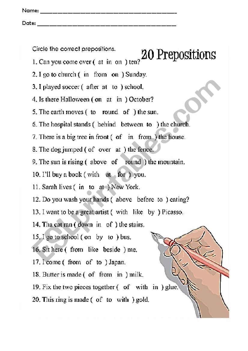 20 Prepositions worksheet