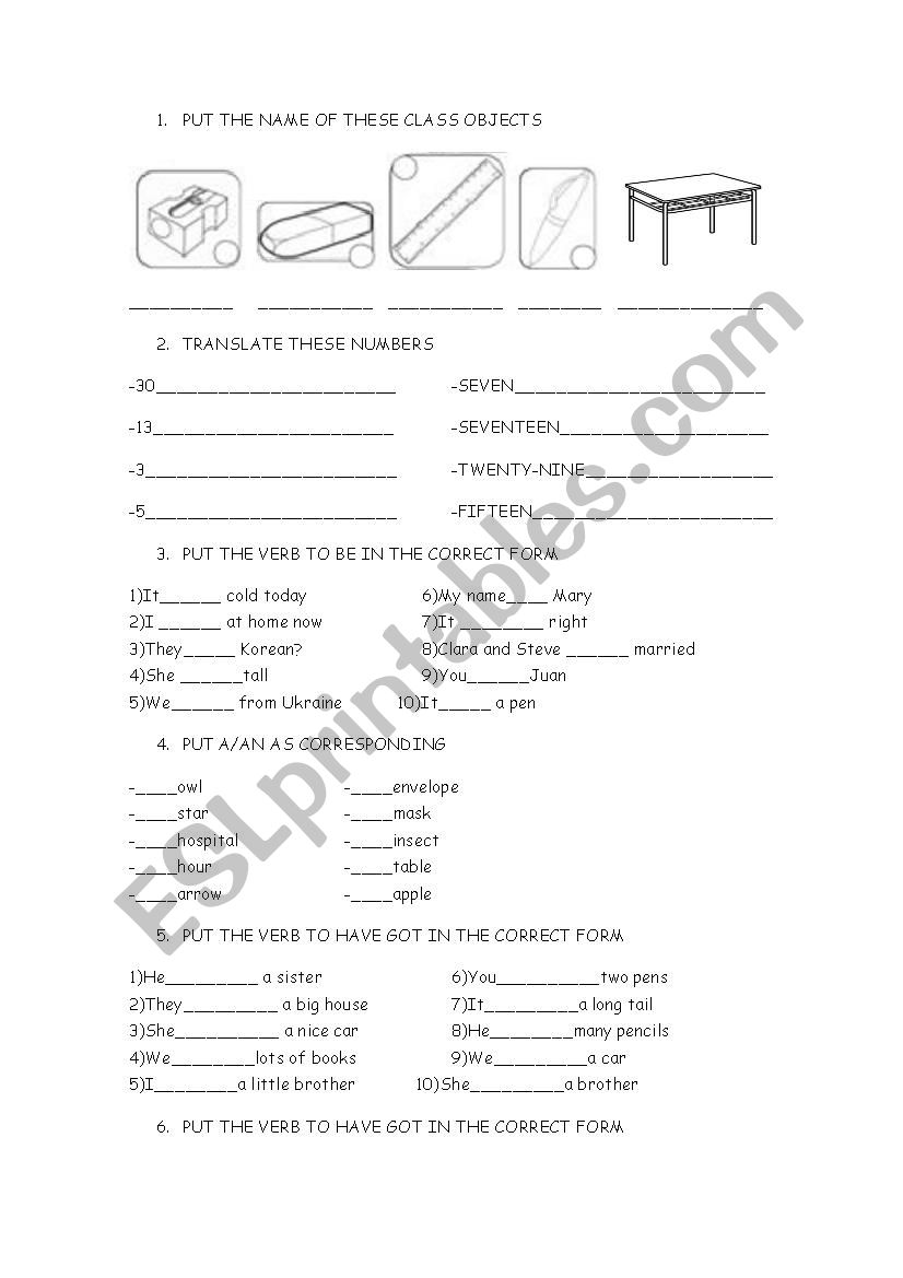 Classroom object worksheet