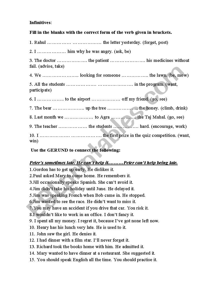 Infinitives and Gerunds worksheet