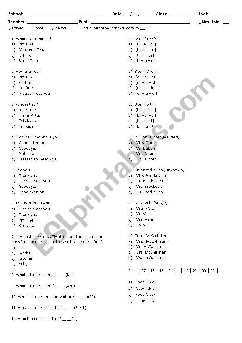 Examination (Greetings - Spelling - Social Titles)