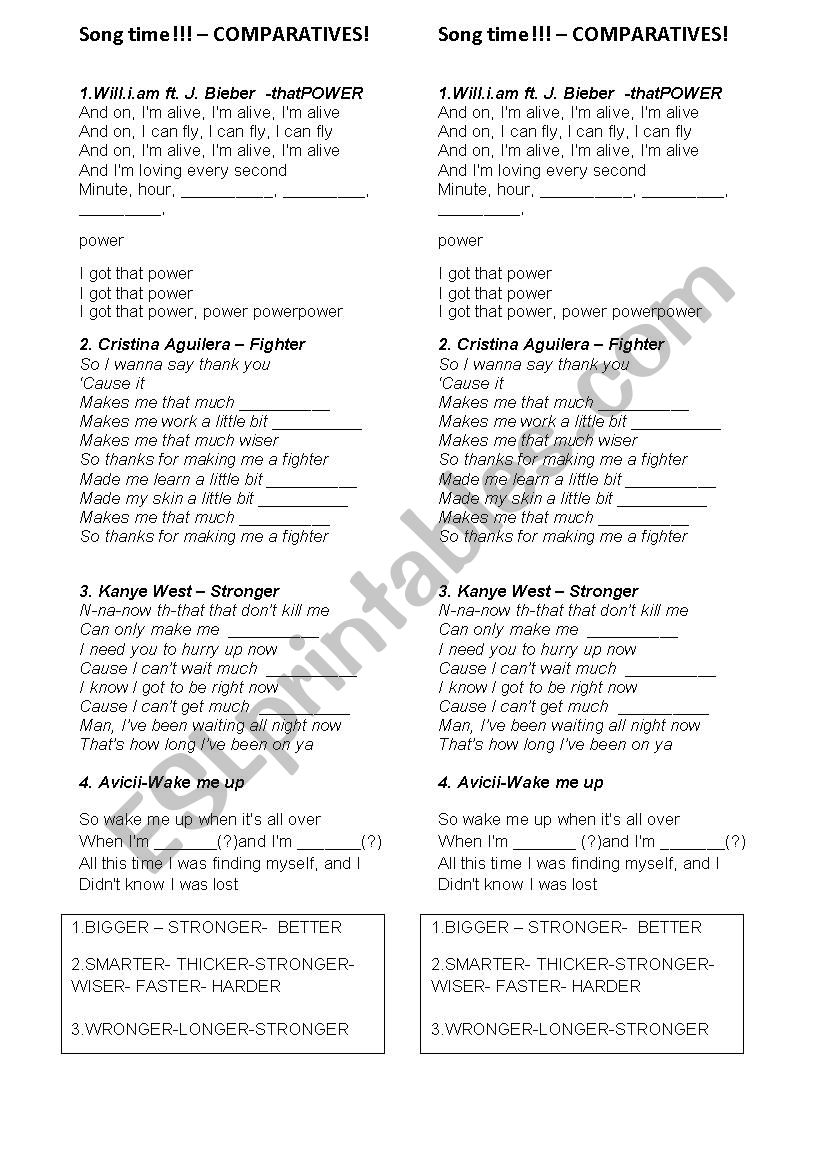 Songs with comparatives worksheet