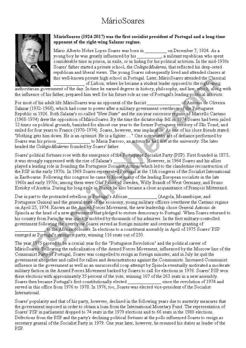 Mário Soares biography worksheet