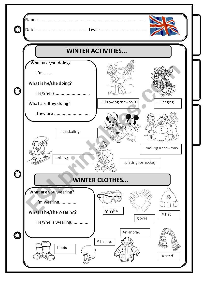 Winter activities and clothes worksheet