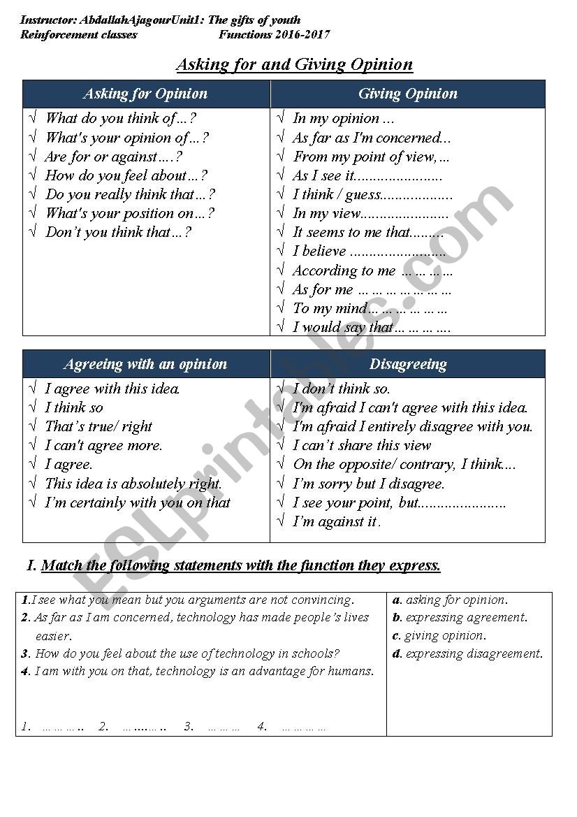 Expressing opinion, Agreeing, and disagreeing