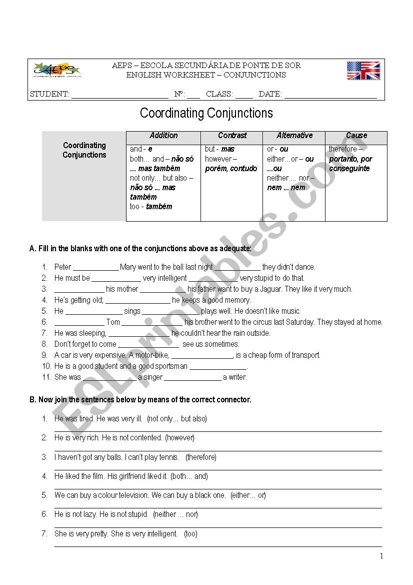 Identifying Subordinating And Coordinating Conjunctions Worksheet