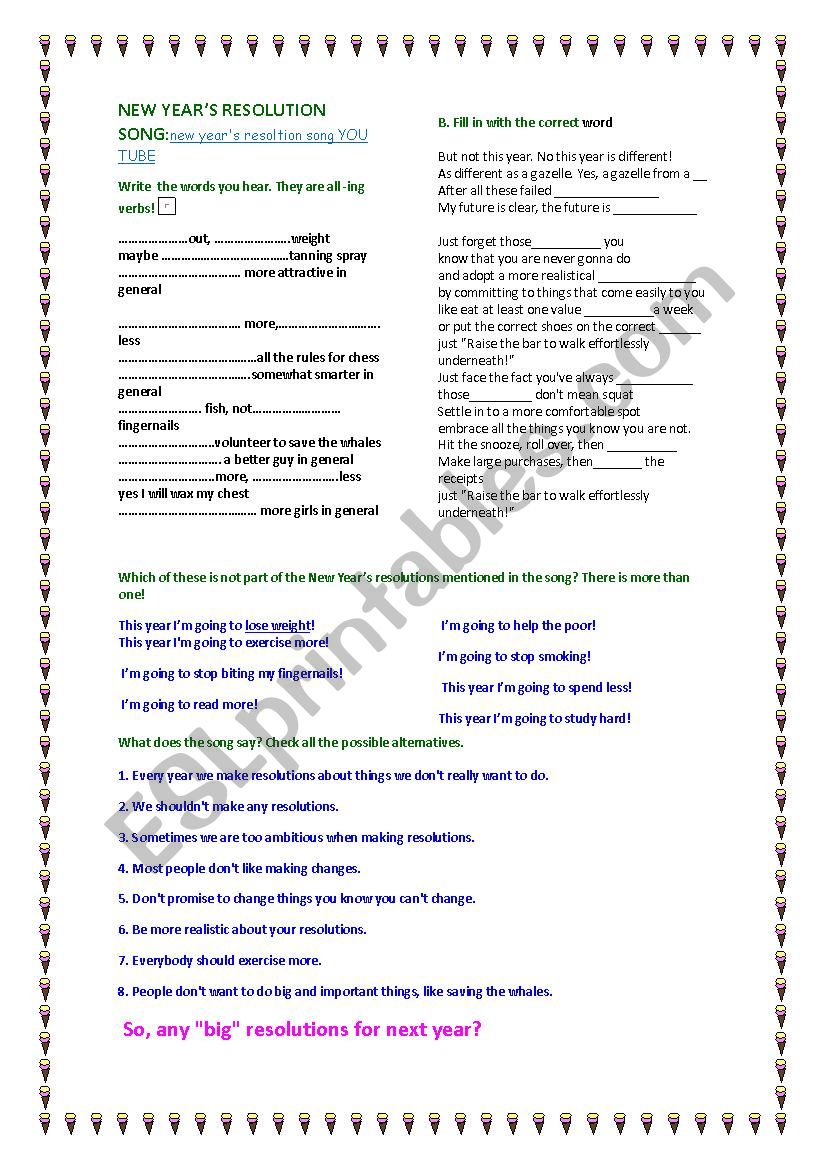 NEW YEARÂ´S RESOLUTION worksheet