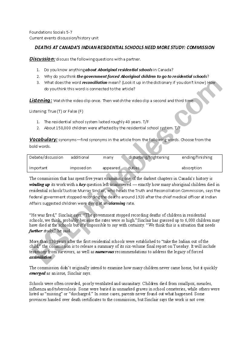 Residential Schools in Canada worksheet