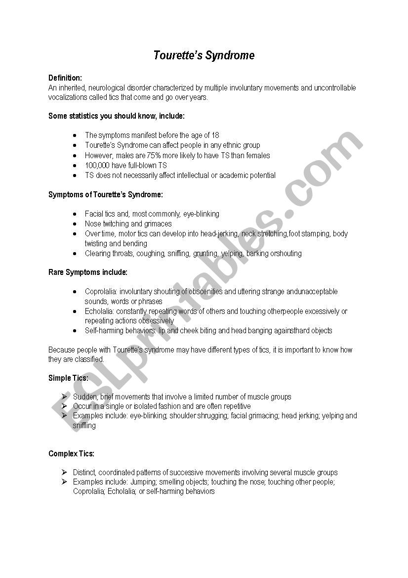 Tourette syndrome worksheet