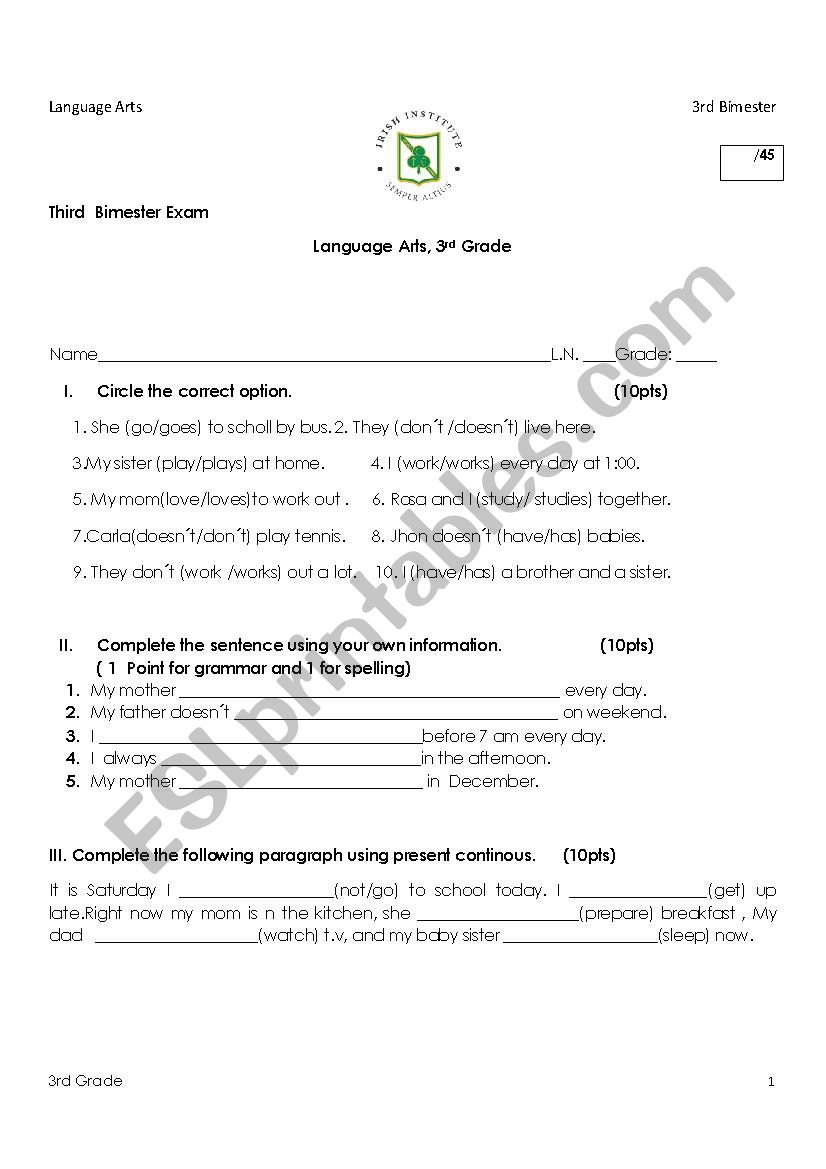 Language arts exam worksheet