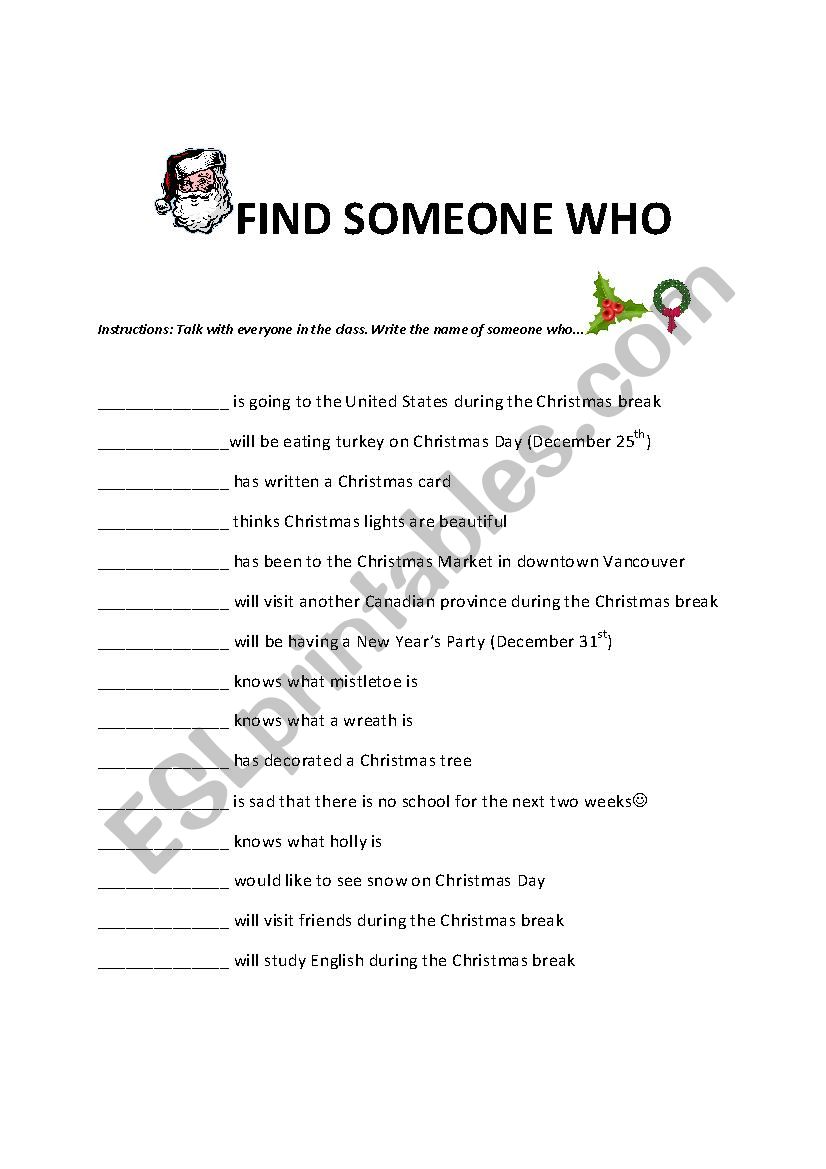 Find somone who-Christmas worksheet