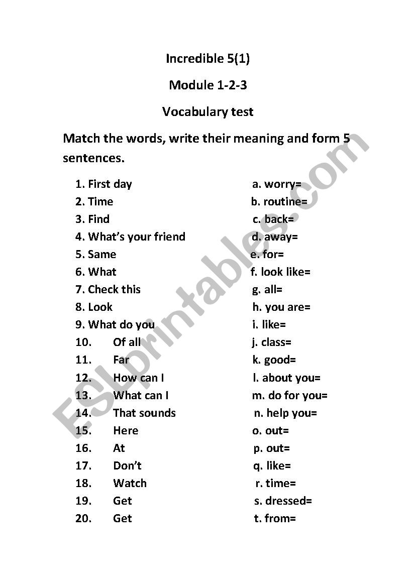 Vocabulary revision worksheet