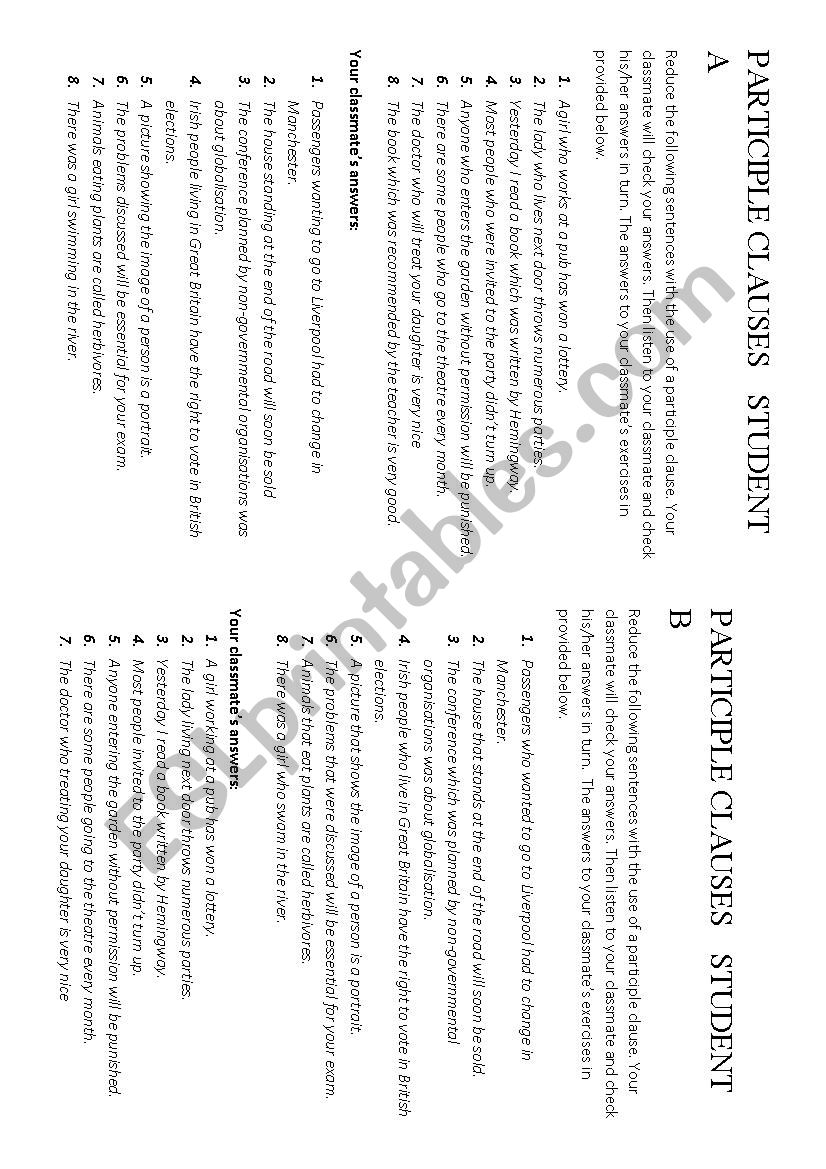 Participle clauses pairwork worksheet