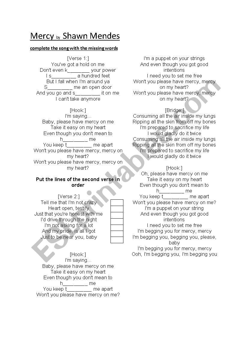 Mercy by SHAWN MENDES worksheet