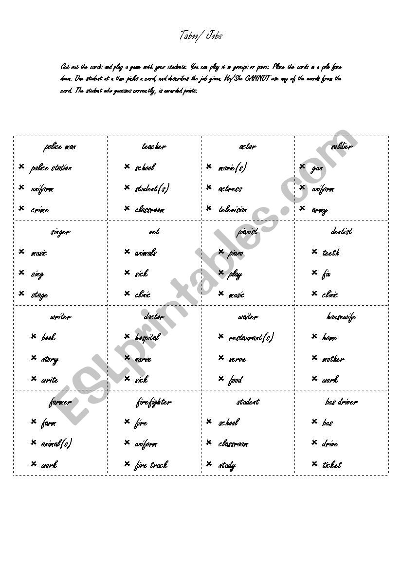 Taboo (Jobs)  worksheet