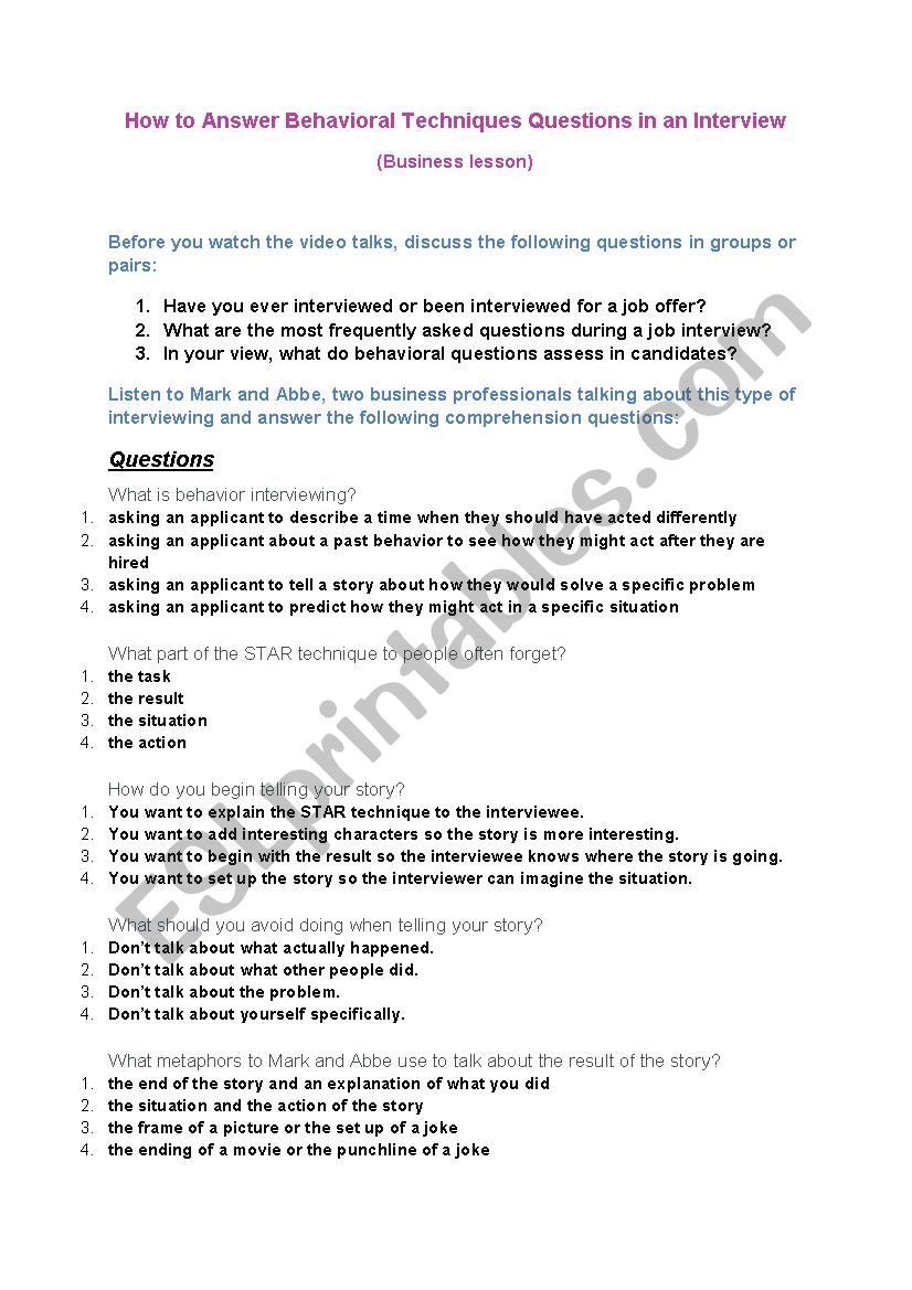 Business Lesson How To Answer Behavioral Techniques Questions In