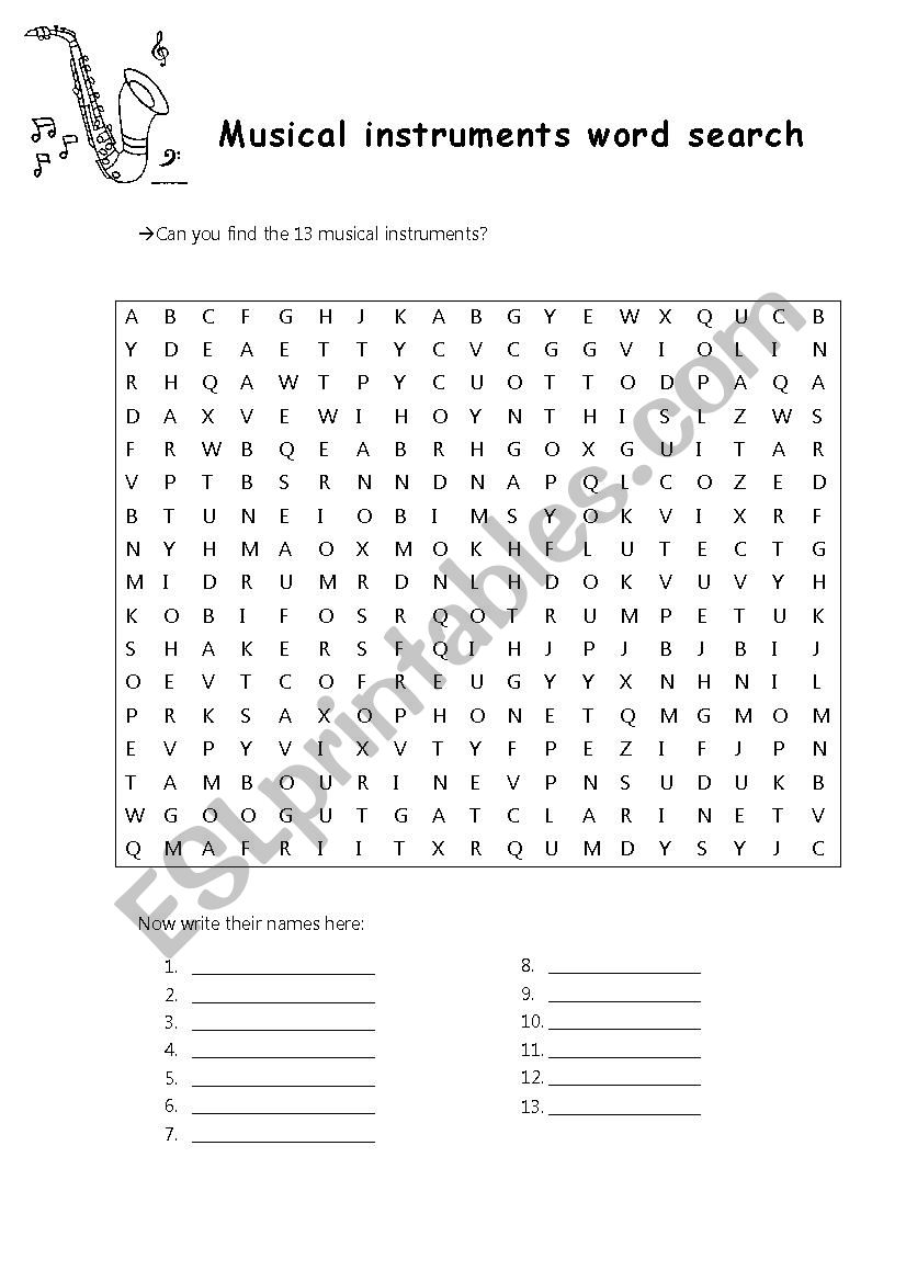 Musical Instruments Wordsearch