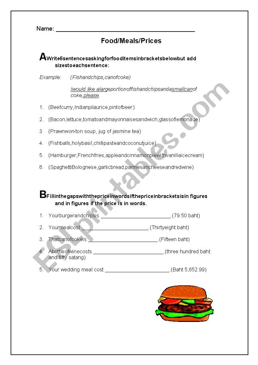 Food, Meals, Prices worksheet