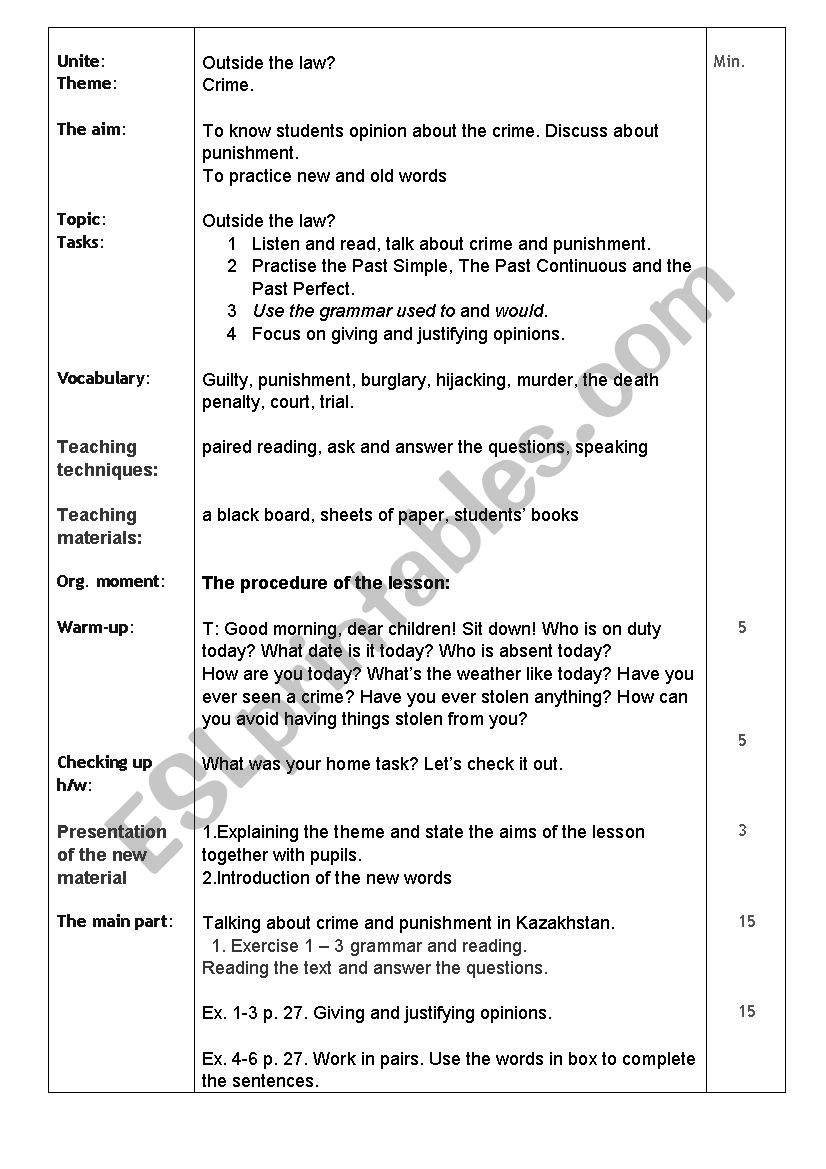 Crime. Outside the law worksheet