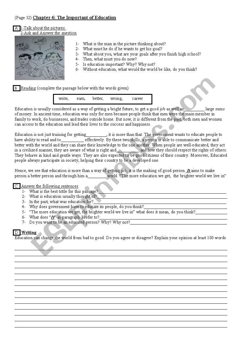 The Important of Education worksheet