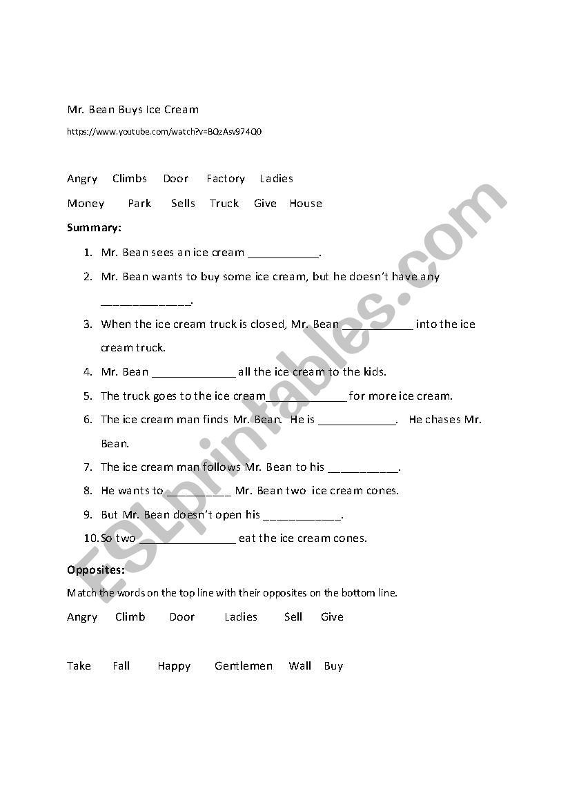 Mr. Bean Buys Ice Cream worksheet