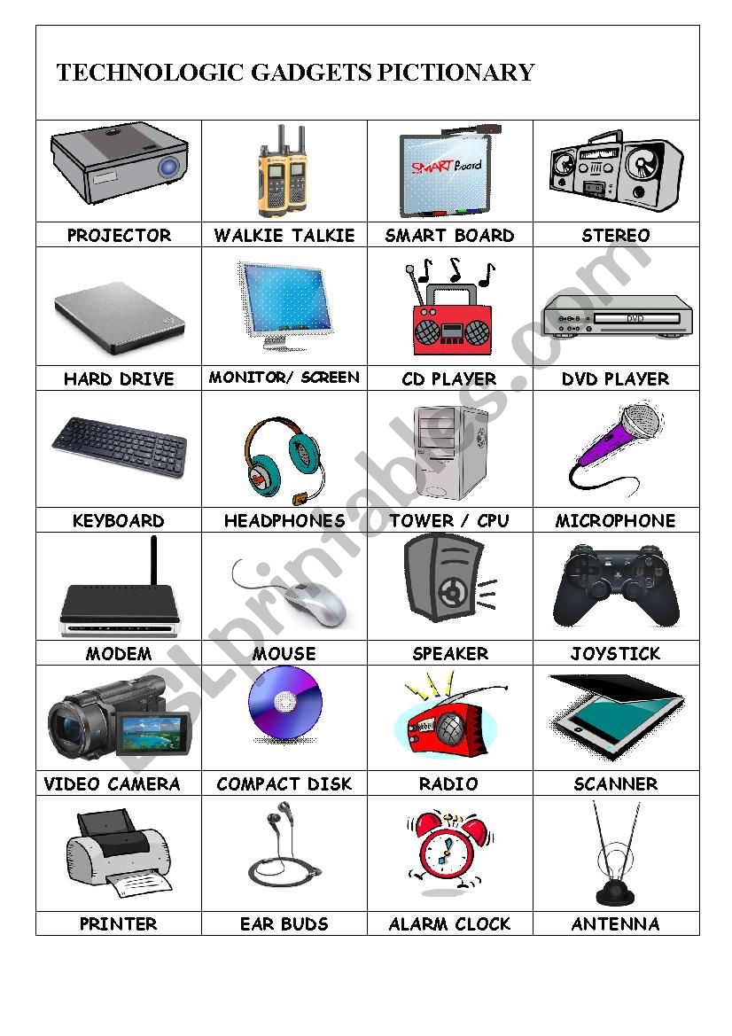 Technology gadgets pictionary worksheet