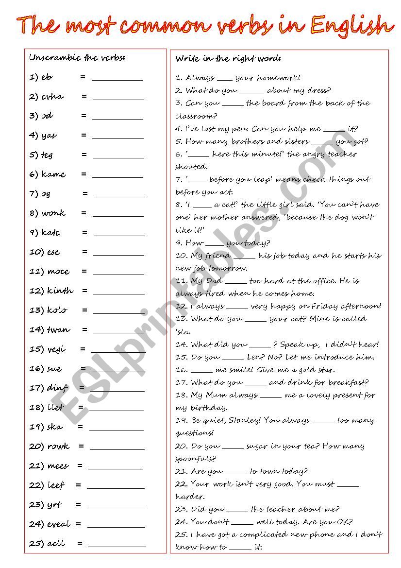 the-25-most-common-verbs-in-english-esl-worksheet-by-cunliffe