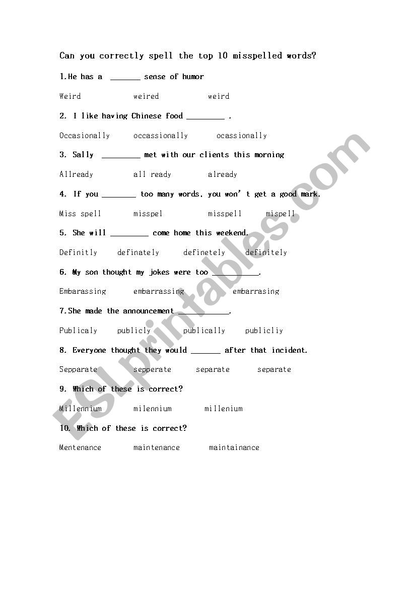 Misspelled words worksheet