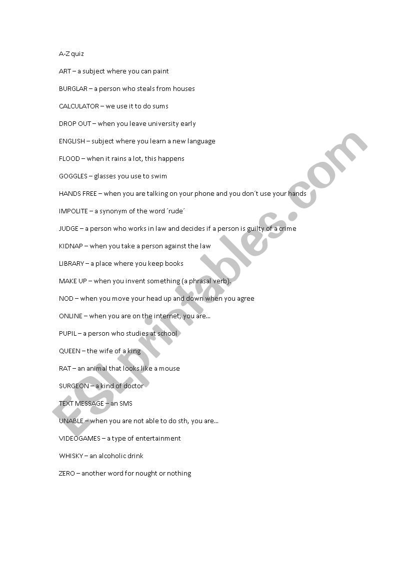 A-Z fun quiz higher level worksheet