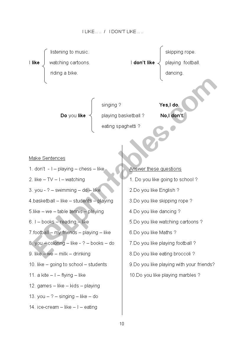 like / dony like  worksheet
