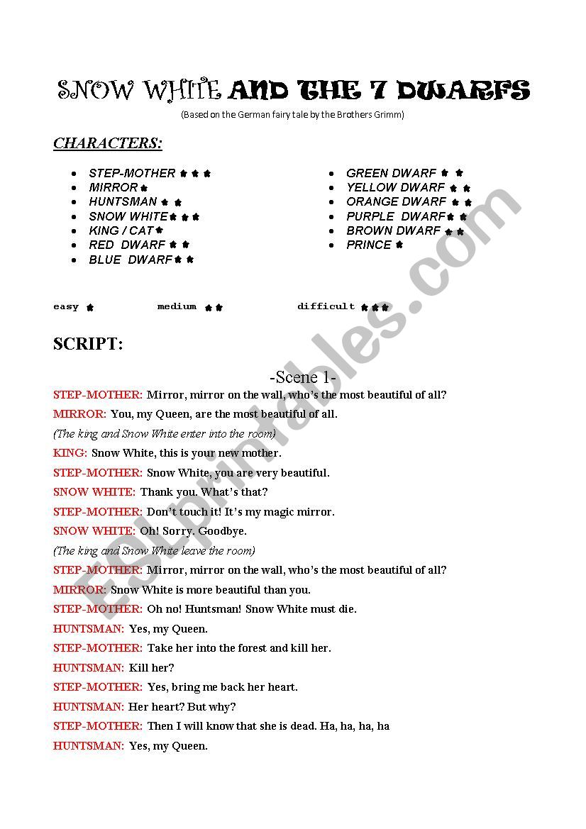 Snow White and the 7 dwarfs worksheet