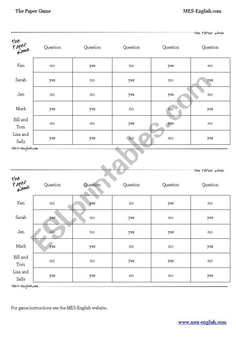 The Paper Game worksheet