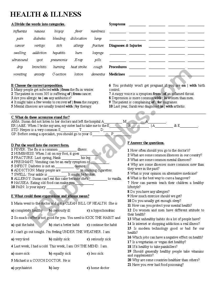 Health & Illness worksheet