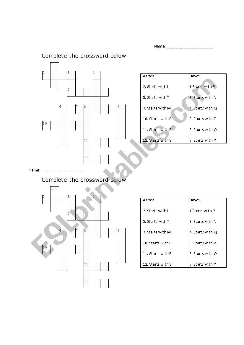 1st-3rd Grade ESL Phonics Crossword Puzzle