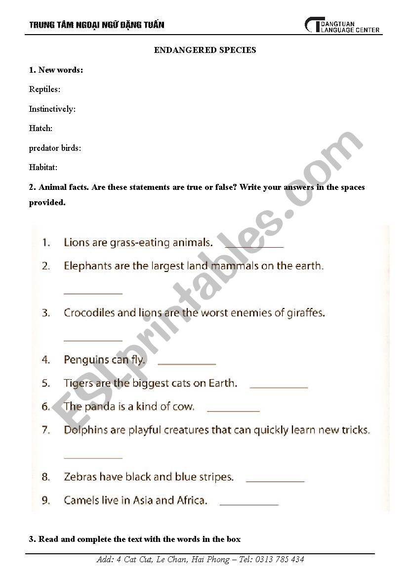 endangered species worksheet