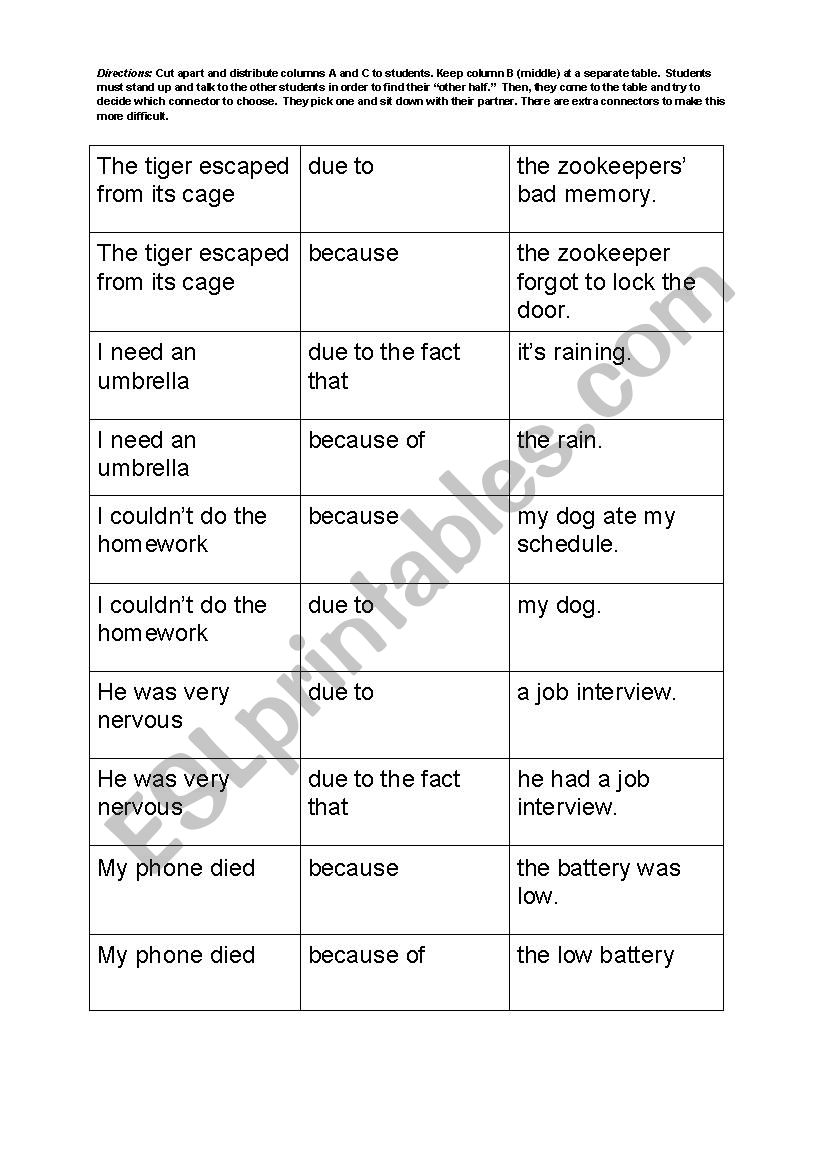 Due to/ Because of: Connective Matching Activity
